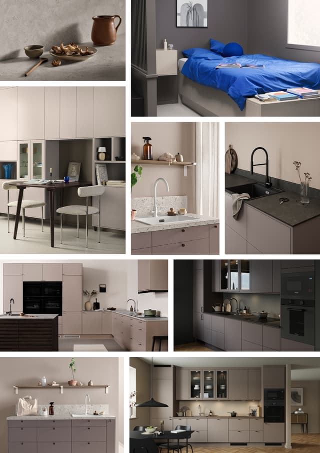 Sandfarvet køkken fra Epoq: Collage med beige køkkener i køkkenserierne Trend, Core og Canvas