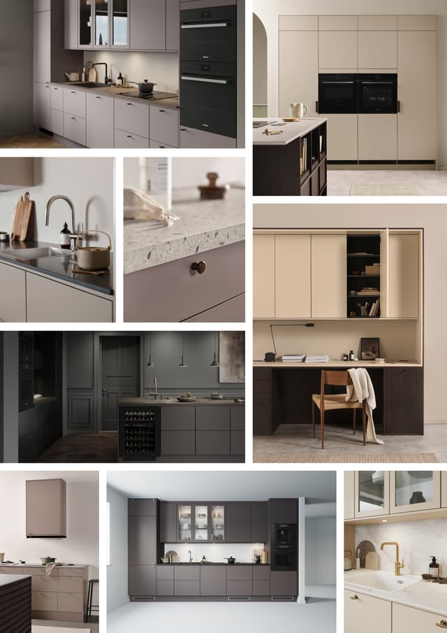 Beige køkken: Collage med sandfarvede køkkener fra Epoq i køkkenserierne Trend, Core og Canvas