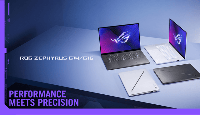 Asus ROG Zephyrus G14 G16 gaming-PC og teksten 'Performance meets precision'