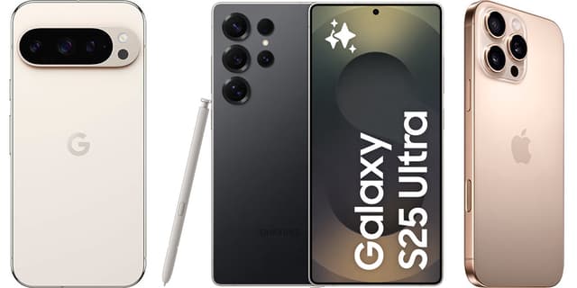 Teaser kuva - Galaxy S25 Ultra -älypuhelin kuvattuna edestä, takaa ja sivulta