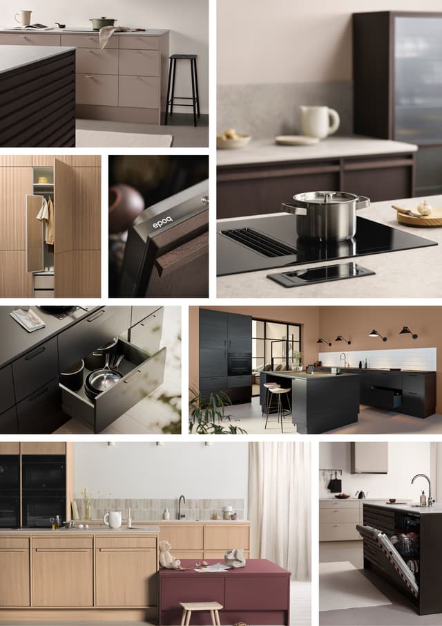 Trækøkken: Collage med køkkenserierne Epoq Contour, Epoq Edge, Epoq Lamella og Epoq Pillar, der alle har køkkenlåger i træ