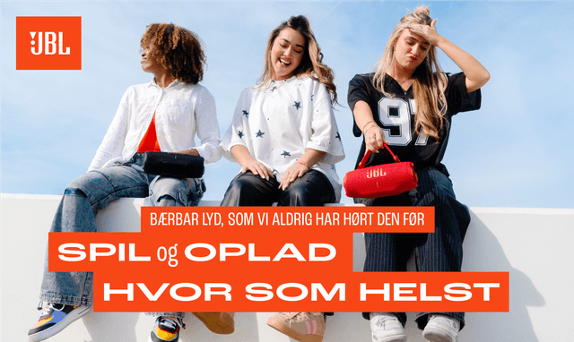 Tre kvinder med JBL Charge 6 højttaler og teksten "Spil og oplad hvor som helst"