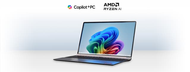 Bærbar computer og teksten "CoPilot + PC, AMD RYZEN AI"