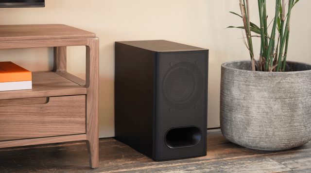 Sony Bar6 - Sony Subwoofer on a floor next to a green plant