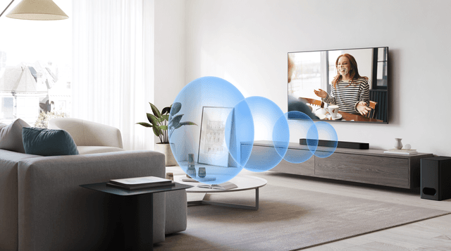 Sony Bar6 - BRAVIA Theatre Bar 6E 3.1.2 under a TV in a living room and sound waves being illustrated