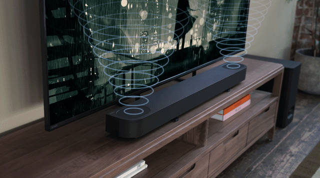 Sony Bar6 - BRAVIA Theatre Bar 6E 3.1.2 under a TV in a living room and its 3D sound being illustrated