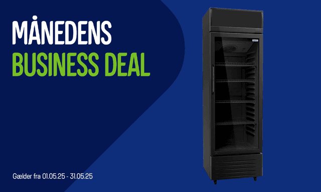 FridgeluX displaykøleskab på banner med teksten: "Månedens business deal"