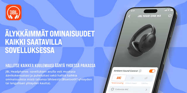 JBL Tour One M3 vastamelukuulokkeet banneri ja teksti 'Älykkäimmät ominaisuudet kaikki saatavilla sovelluksessa'