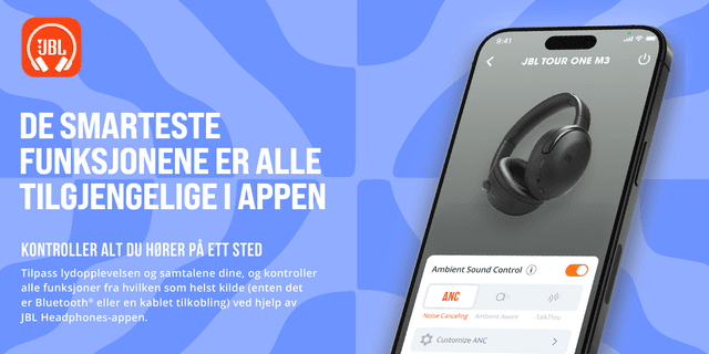JBL Tour One M3 headphones banner and text 'Smartest features all available in the app'