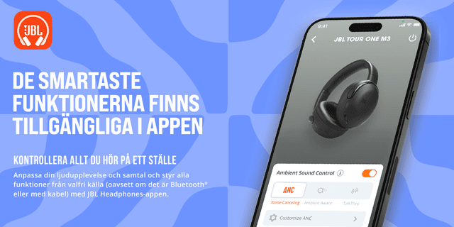 JBL Tour One M3 headphones banner and text 'Smartest features all available in the app'