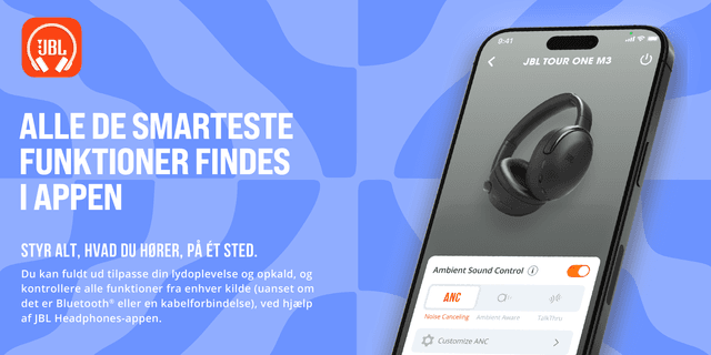 JBL Tour One M3 høretelefoner - banner med teksten 'Alle de smarteste funktioner findes i appen'