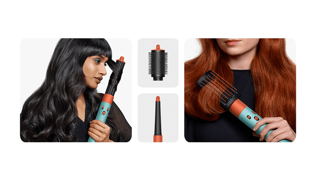 Kollasj av Dyson Airwrap multistyler og ulike hårfrisyrer