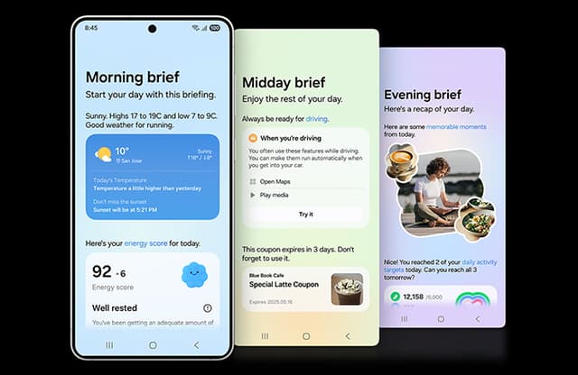 Samsung Galaxy S25 Edge og illustration af, hvordan personlige anmeldelser af din dag ser ud