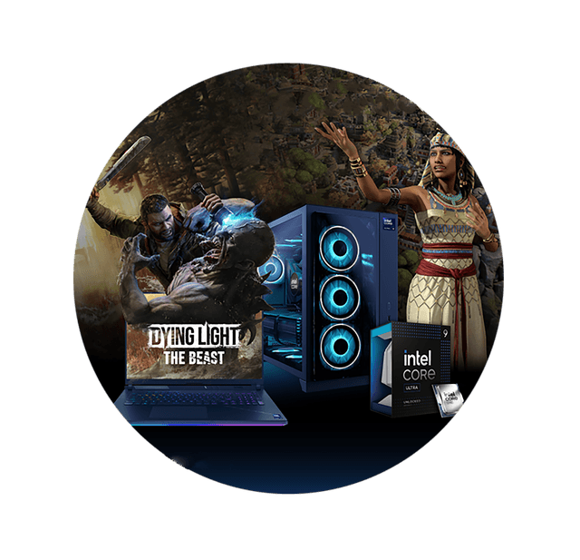 Intel Spring bundle with collage of Get Dying Light: The Beast and Sid Meier's Civilization® VII games - circle