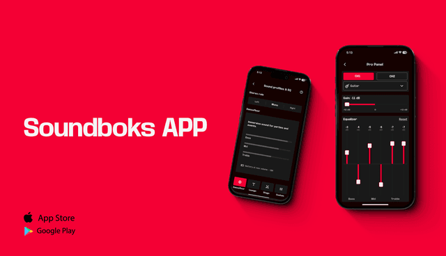 Soundboks apps on two mobile phones and a red background