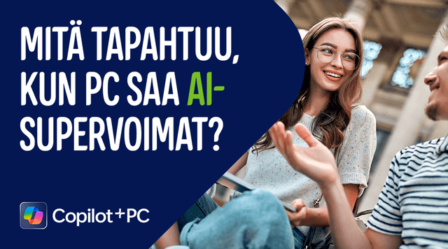 Mainosbanneri, jossa lukee "Mitä tapahtuu, kun PC saa AI-supervoimat?"