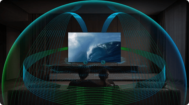 Kuvituskuvassa Samsung-televisio QN80F ja Dolby-Atmos®-teknologian ääniaallot