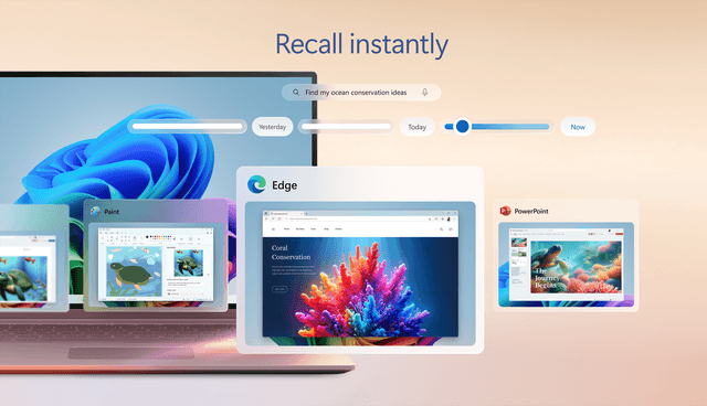 Surface-laptop med Recall-funktion samt vinduer med programmerne Paint, Edge og PowerPoint