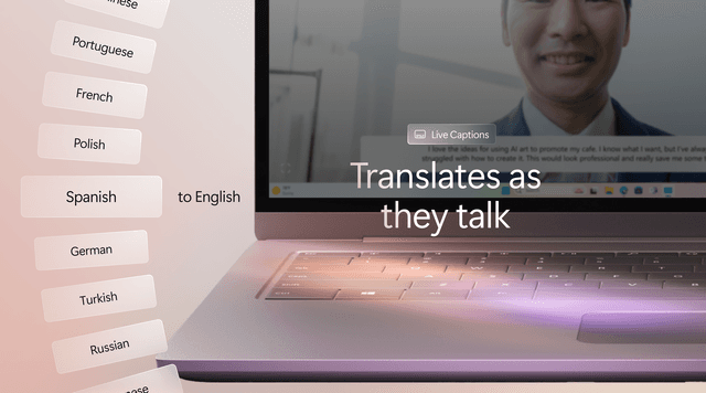 Surface-laptop og oversættelser med Live Captions bliver illustreret