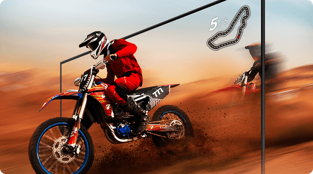 Motion Xcelerator -teknologian esimerkkikuva, jossa on motocrosspyörä aavikolla