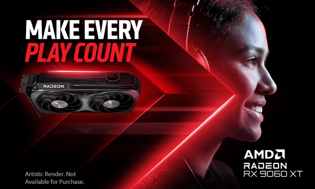 AMD Radeon RX 9060 XT-banner med teksten: "Make every play count"