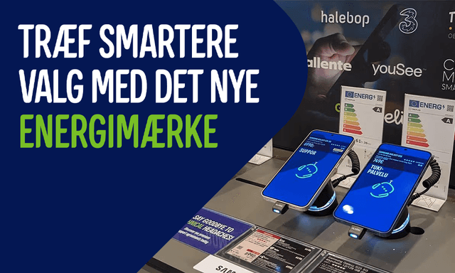 Mobiltelefoner på banner med teksten: "Træf smartere valg med det nye energimærke"