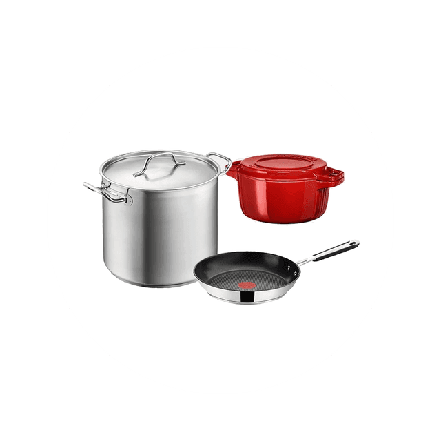 Kitchen utilities in different sizes and colors - pots and pans