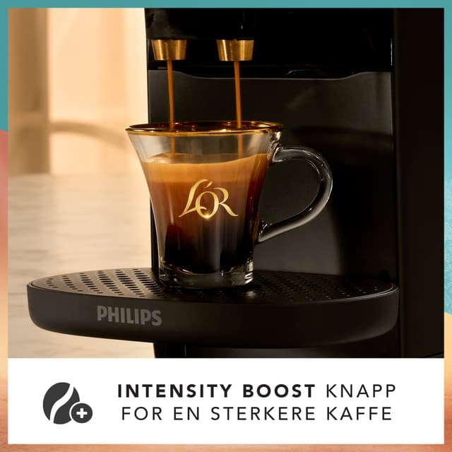 L’Or Absolu capsule machine on kitchen counter with the Intensity Boost button