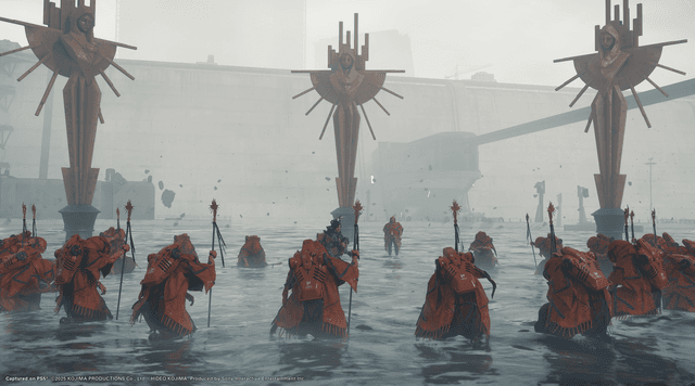Screenshot fra Death Stranding 2: On the Beach - mennesker med spyd omgivet af vand