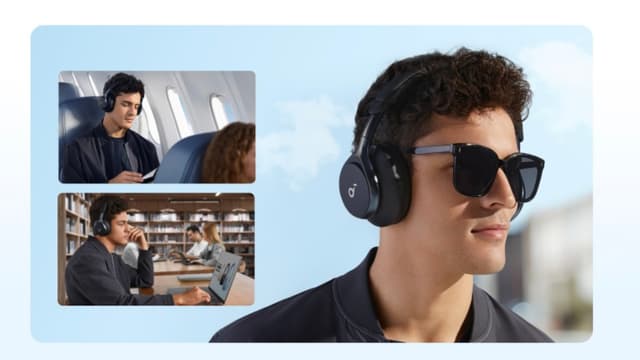 Soundcore Space One - mand lytter på gaden, på biblioteket og i et fly