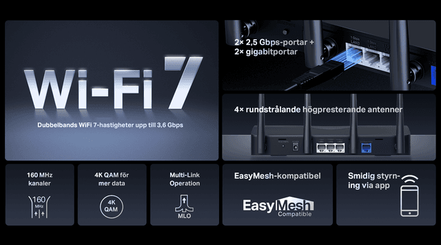 MERCUSYS BE3600 Dual Band Wi-Fi 7 Router | MR27BE viktiga specifikationer