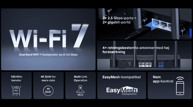 MERCUSYS BE3600 Dual Band Wi-Fi 7 Router | MR27BE nøglespecifikationer