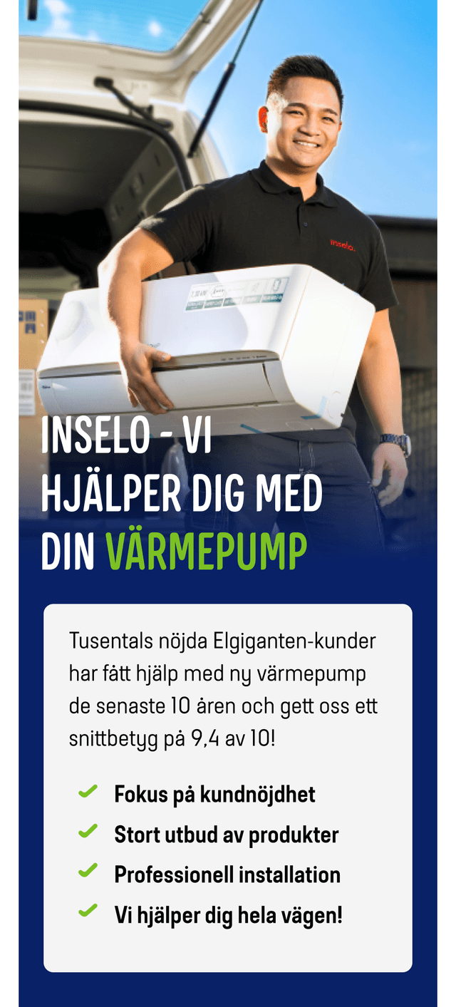 En man bär en värmepump från en van. Text: Inselo vi hjälper dig med din värmepump