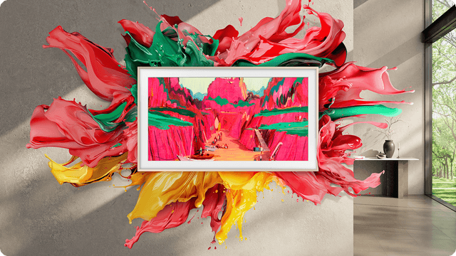 Samsung The Frame Pro on a wall with an explosion of colours