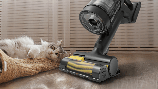 Samsung Bespoke Jet AI Ultra vacuuming next to a cat