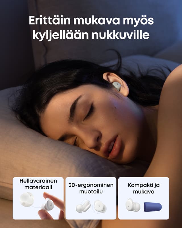 Nainen, joka nukkuu kyljellään Soundcore Sleep A30 -kuulokkeet korvassa
