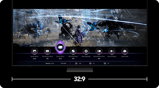 Kuvassa Samsung-pelitelevisio laajalla Super UltraWide GameView -näkymällä