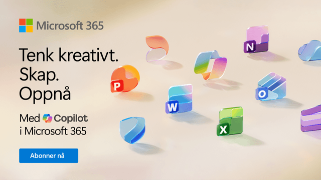 Copilot x Microsoft 365-banner med fargerike ikoner på beige bakgrunn