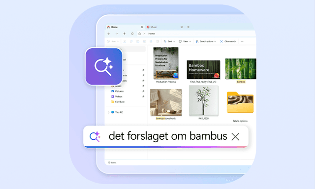 Copilot+ PCens filutforsker henter frem bilder av bambus basert på kort tekstbeskrivelse