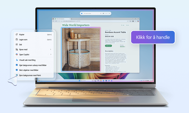 Laptop som viser en produktside og en åpen kontekstmeny i nettleser