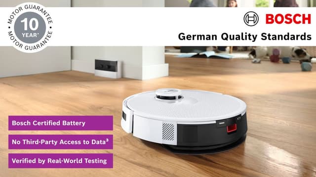 Bosch robotdammsugare på golvet, med en infälld bild som framhäver tysk kvalitet och motorgarantin.