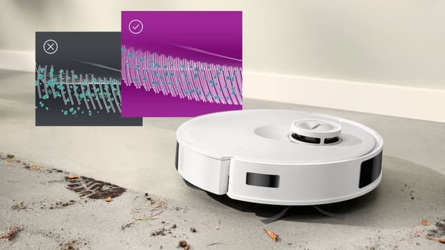 Kuvassa Bosch-robottipölynimuri siivoaa pölyä ja likaa pois jättäen jälkeensä putipuhtaan lattian