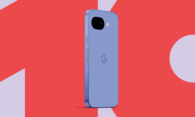 Produktbillede af en Pixel 10a smartphone mod en farverig baggrund