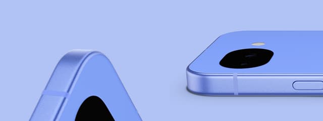 Produktbillede af to superslanke Google Pixel 10a smartphones mod en lys blå baggrund