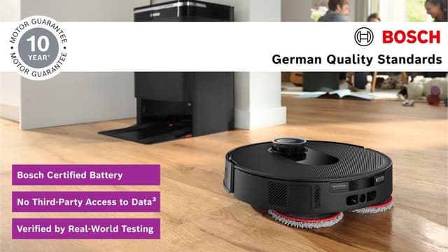 Bosch Max Cam på golvet, med en infälld bild som lyfter fram tysk kvalitet och motorgarantin.