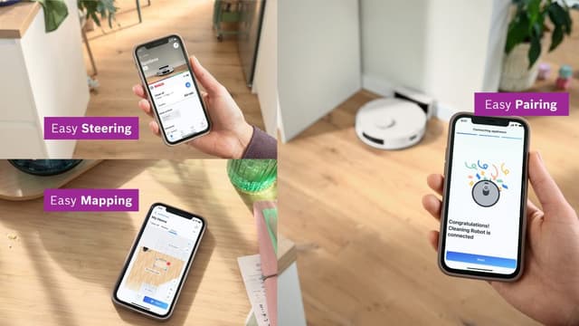 Person bruker Bosch mobilapp til å styre og sette opp robotstøvsuger