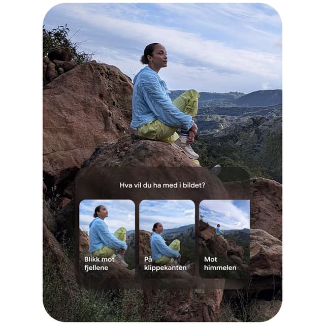 Viser hvordan Pixel 10a smarttelefn sin kameraassistent guider brukeren til å ta flotte bilder
