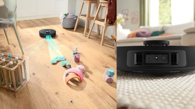 Bosch Max Cam der registrerer legetøj på gulvet og et nærbillede af kameraet