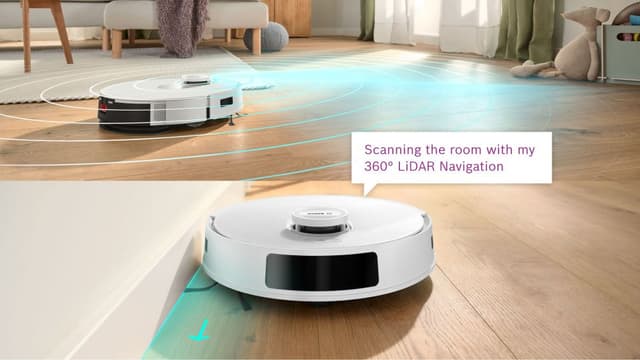 Bosch robotstøvsuger, der navigerer rundt i et rum ved hjælp af 360° LiDAR, med visuelle scannings­effekter