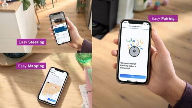 Bosch robotstøvsuger Bosch Max, der viser nem parring, styring og kortlægning i appen
